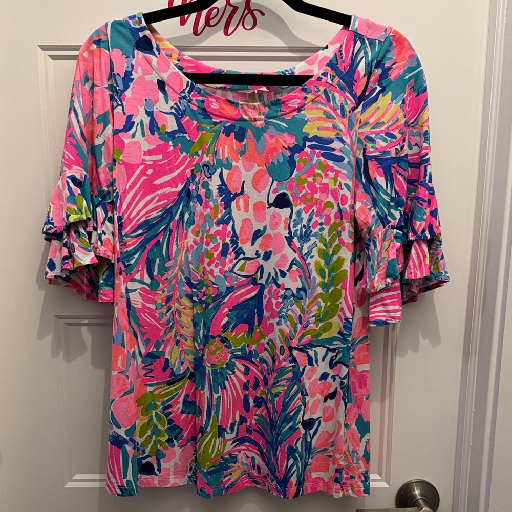 Lilly Pulitzer Pink and Blue Floral Short Sleeve Top